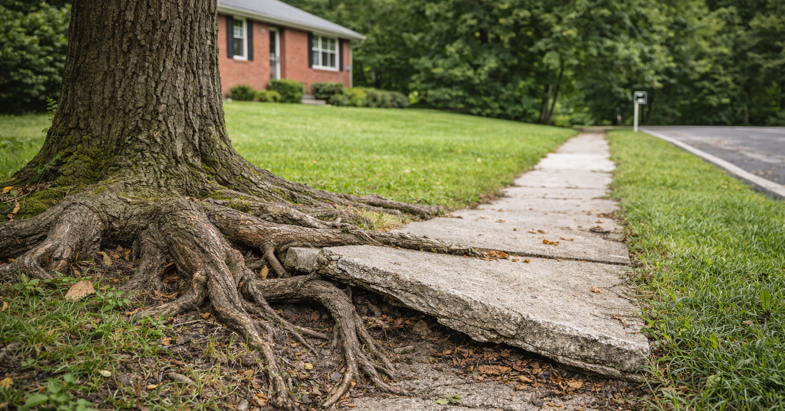 Exposed tree roots lifting sidewalk in Mechanicsville, MD