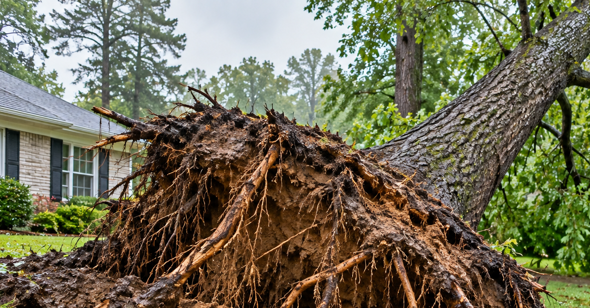 Lifted soil and exposed roots around a leaning tree after heavy rain in Southern Maryland