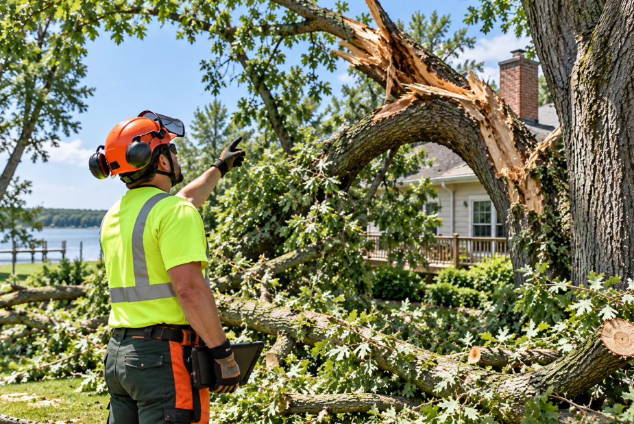 Arborist inspecting a storm-damaged tree after emergency cleanup in Southern Maryland