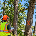 Tree professional assessing marked trees on a Southern Maryland waterfront property before removal