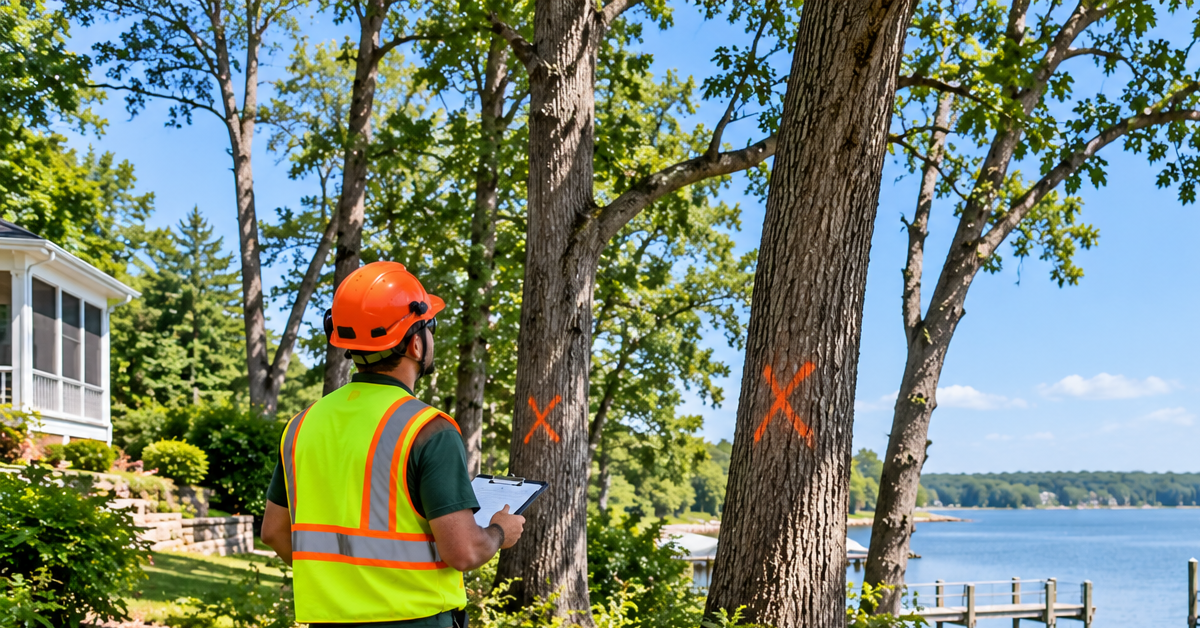 Tree professional assessing marked trees on a Southern Maryland waterfront property before removal